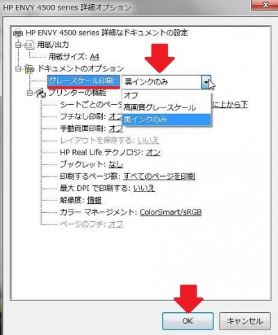 HP ENVY4500モノクロ印刷設定 (1)